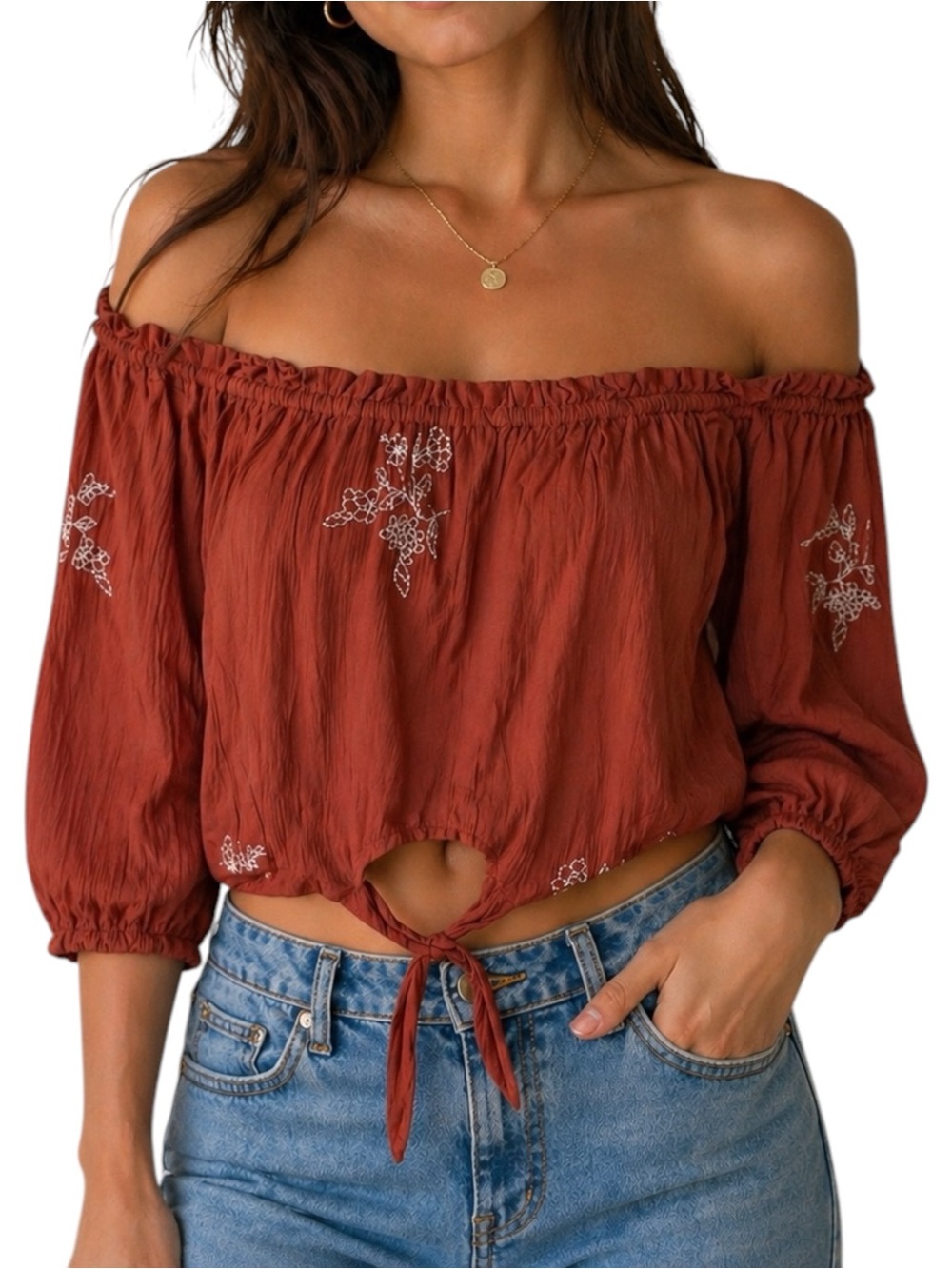 REBELLION AGAIN Terracotta Orange Off the Shoulder Crop Top Medium